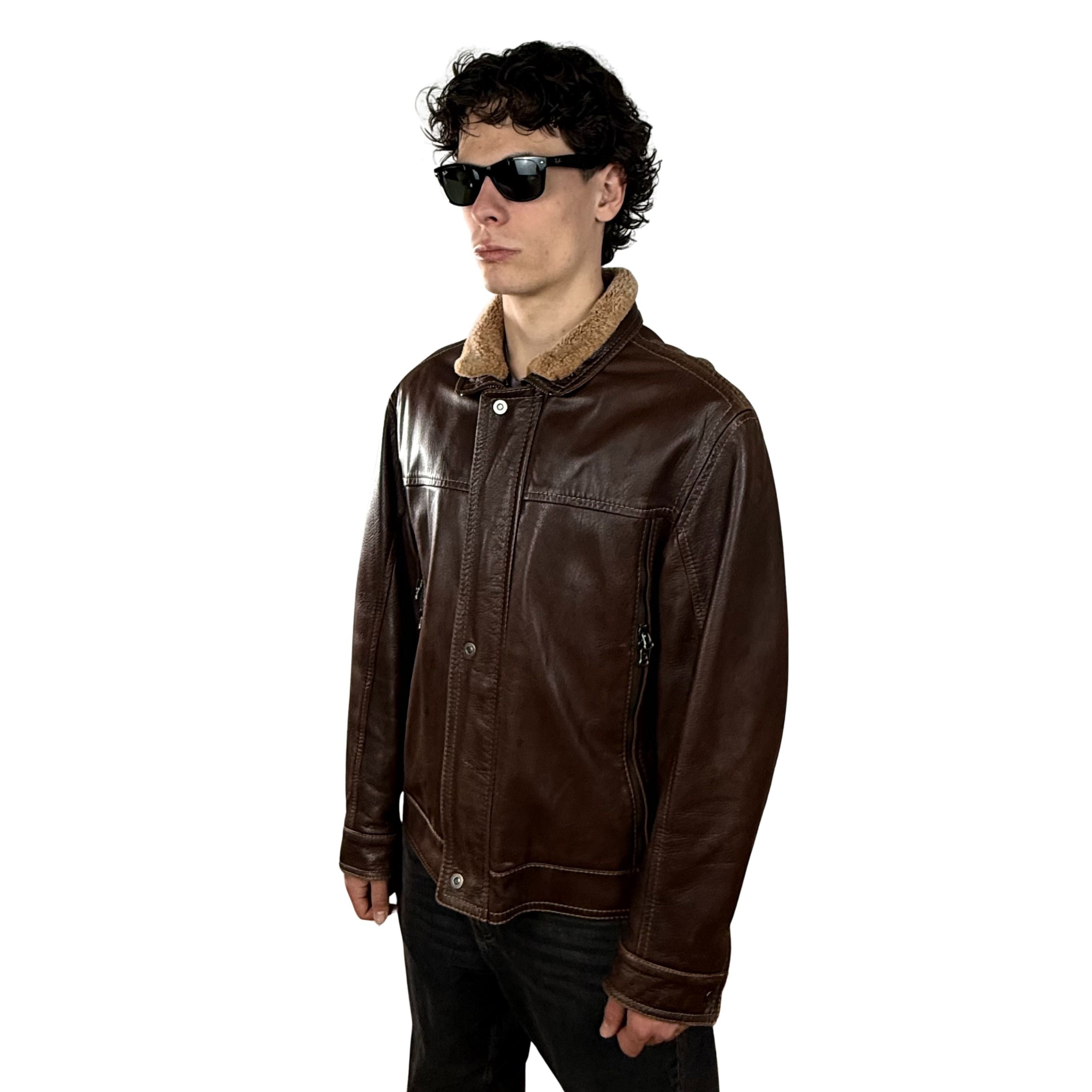 Vintage Gimo's Lederjacke mit Lammfellkragen - L